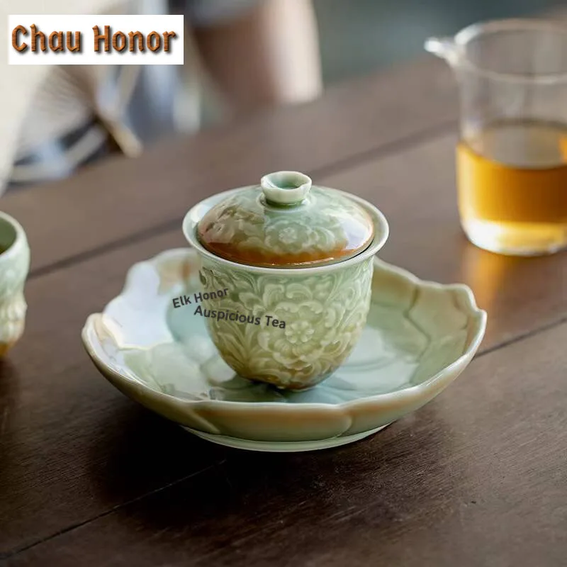 Retro Gradient Blue Carved Flower Sitting Lotus Pot Bearing Plate Ceramic Dry Brewing Table Tea Tray Refreshment Dry Fruit Plate