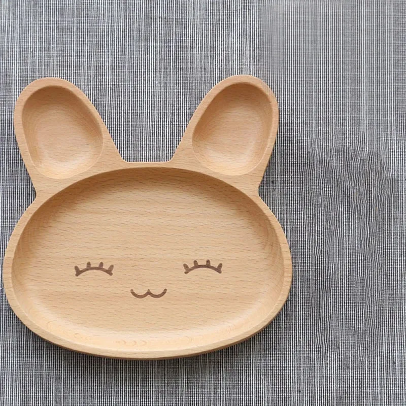 Cute Rabbit Face Wood Dinner Plate Children Fork Spoon Kids Cartoon Food Fruit Dish Tray Child Baby Serving Table Kitchen Plate