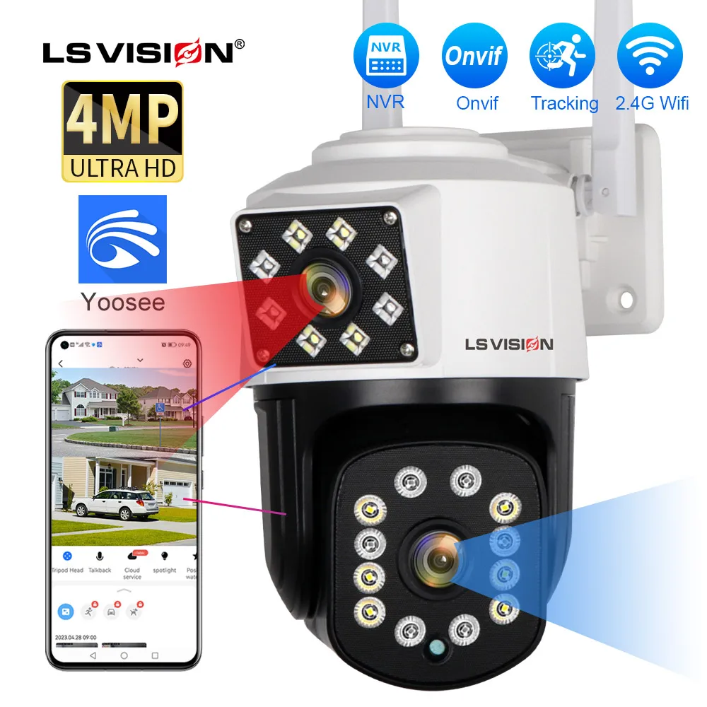 

LS VISION 4MP 2K PTZ Wifi Camera Outdoor Dual Lens Dual Screen Ai Human Detect Auto Tracking P2P Security Camera Support NVR/DVR