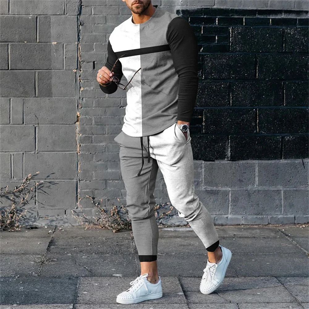 Autumn Casual Fashion 3D Print Men's Sportswear Set Long-Sleeved T Shirt Pants 2-Piece Set Oversized Pullover Men Clothing 2