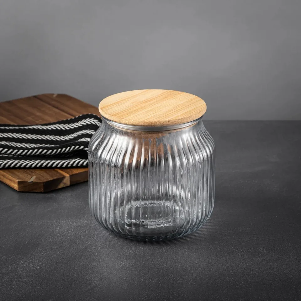 Small Ribbed Glass Kitchen Storage Jar with Bamboo Lid
