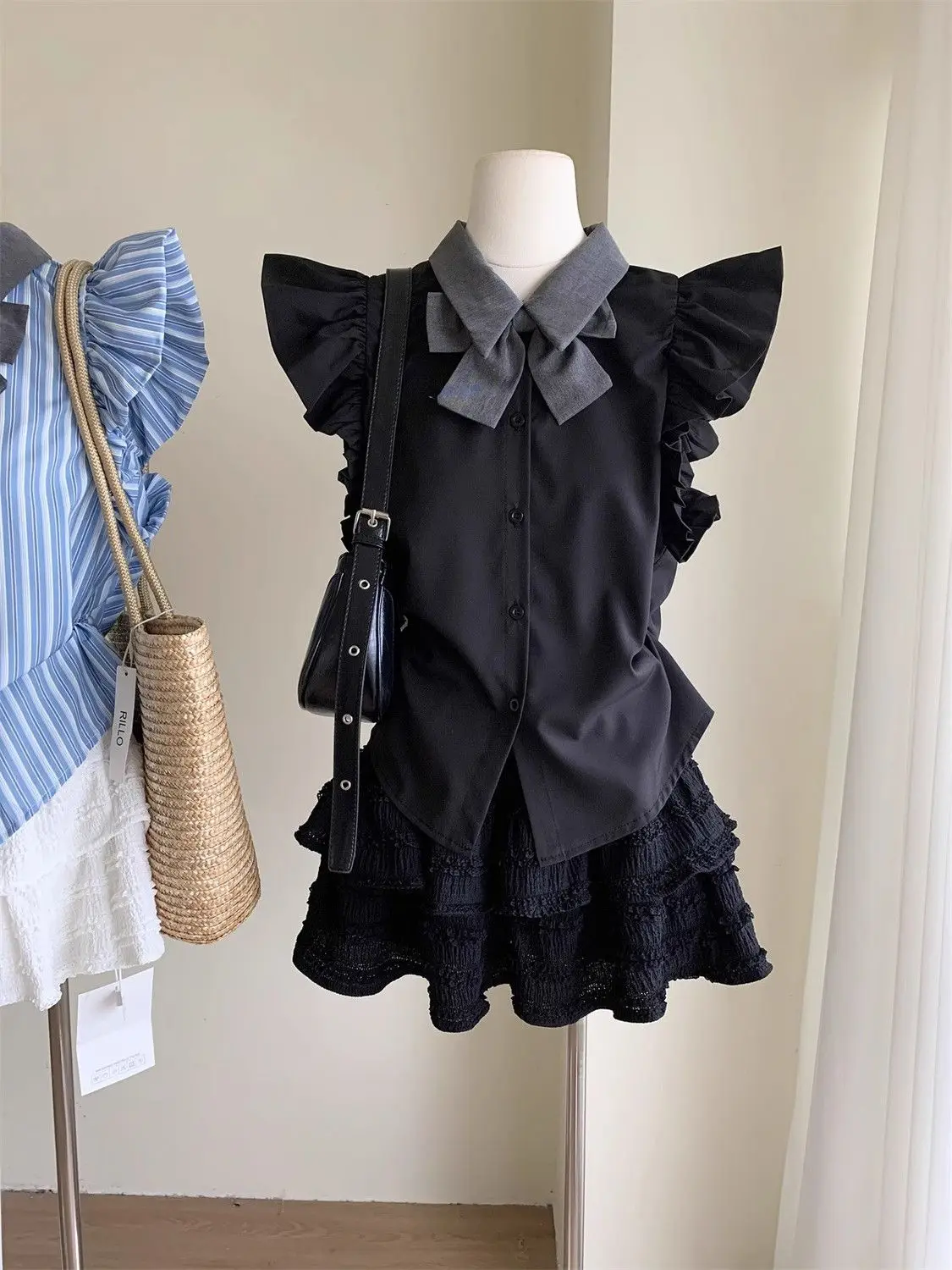 Preppy Style Striped Blouses Flying Sleeve Polo-Neck Tops Spring Summer Elegant Office Lady New Design Casual Bow Button Shirts