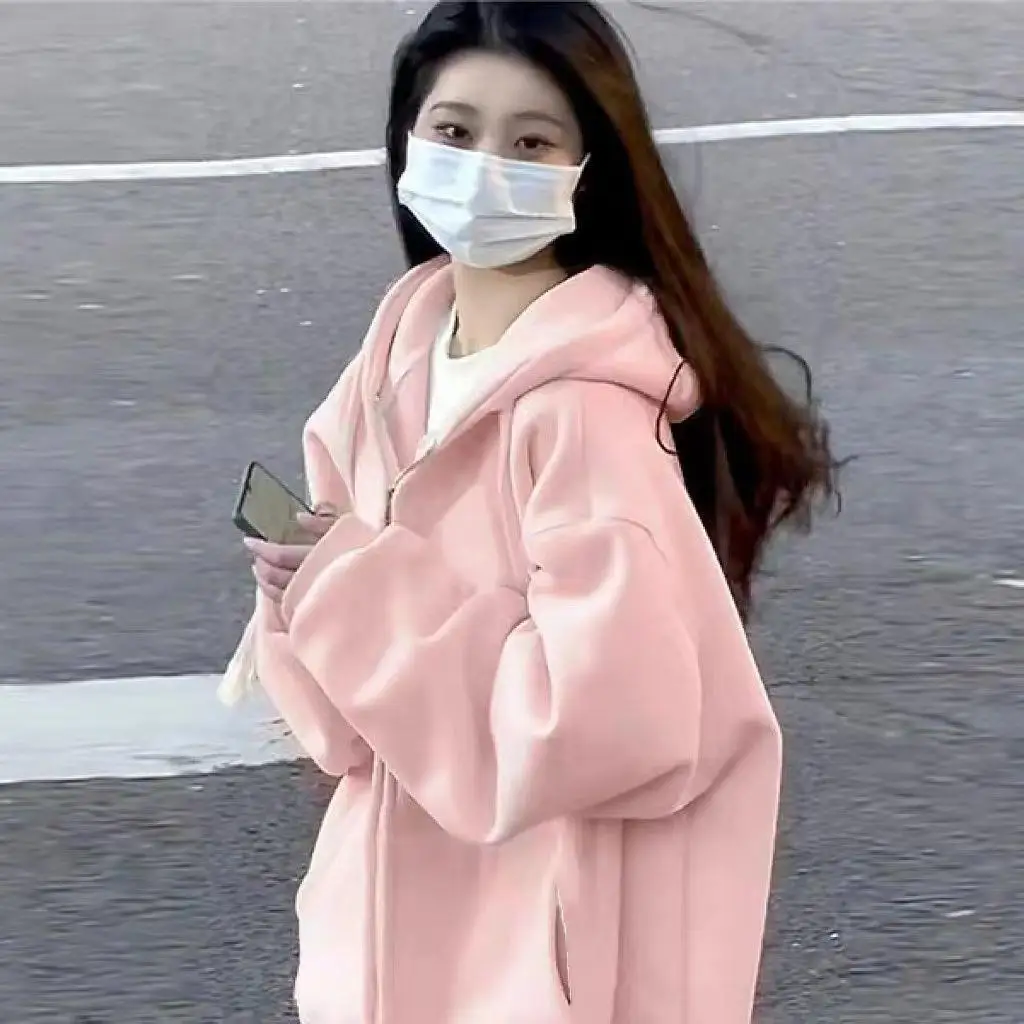 

oversize lazy light pink hoodie outside wearing women long sleeve Harajuku Kawaii loose casual slimming zipper coat ins 2023 2XL