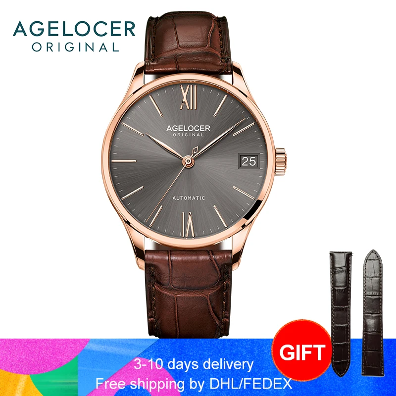 

AGELOCER Luxury Casual Mechanical Watches for Men Rose Gold Brown Dial Genuine Leather Strap Mechanical Automatic Watches 7073D2
