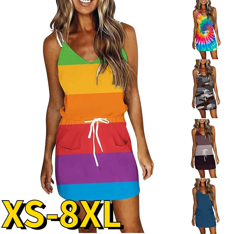 

Summer Slim Skirt Daily Street Loose Sleeveless Skirt Women's Vintage Printed Short Skirt Sexy V-neck Dress Fashion Mini Skirt