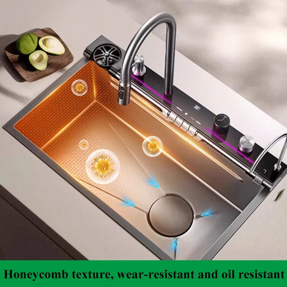 304 Stainless Steel Waterfall Kitchen Sink Large Single Slot Integrated Digital Display Faucet Set Soap Dispenser Cup Washer 5