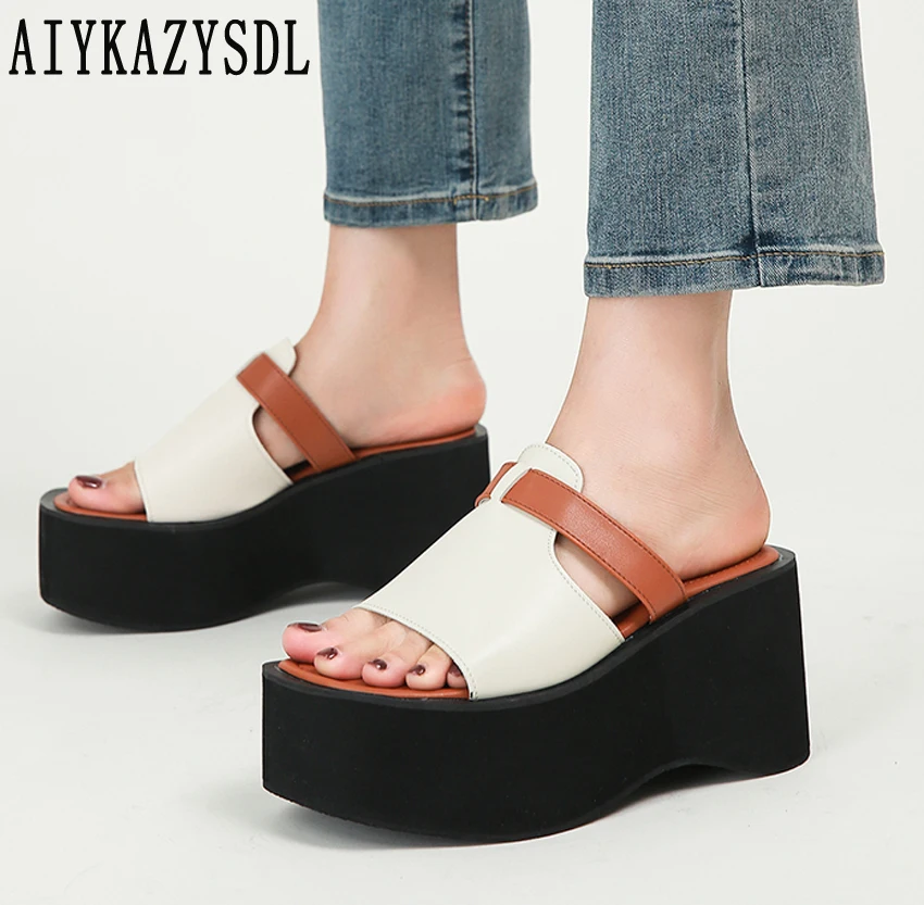 

AIYKAZYSDL Mixed Color Open Toe Slippers PU Leather Sandals Platform Wedge Heel Thick Sole Bottom Slides Mules Creepers Shoes