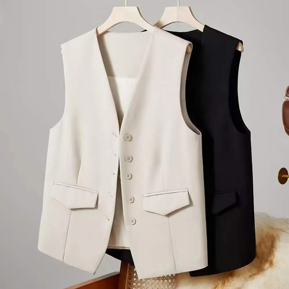 

Ol Commute Coat Elegant Women's V Neck Business Vest Sleeveless Solid Color Waistcoat Single-breasted Commute Style for Women