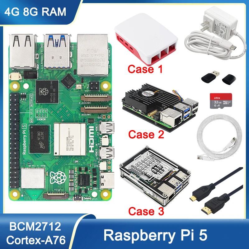 

Оригинальный Raspberry Pi 5 4 ГБ 8 ГБ ОЗУ BCM2712 2,4 ГГц VideoCore VII GPU 4Kp60 PCIe 2,0 RTC дополнительно, чехол Fan, источник питания для Pi5