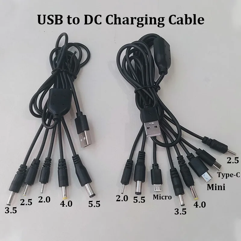 Universal USB to DC Multi-Tip Power Cable with Type-C, Micro USB, and Multiple DC Plug Sizes