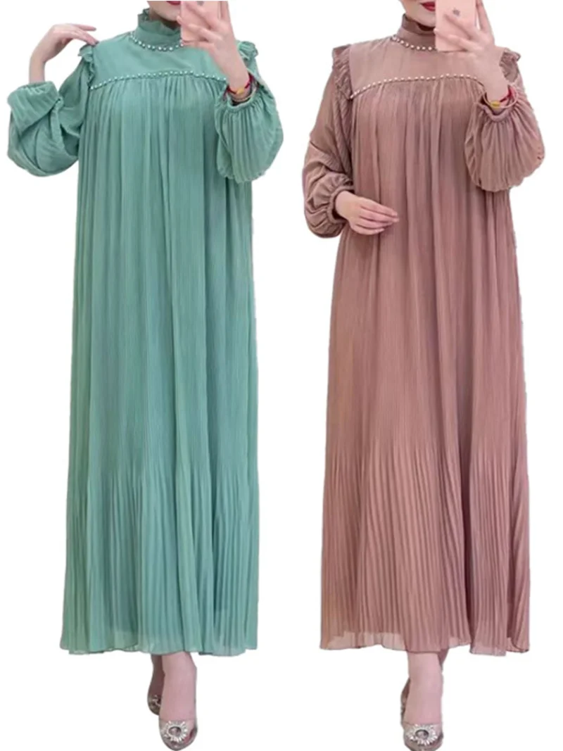 

Turkey Muslim Beads Pleated Dress Women Abaya Ramadan Eid Mubarak Kaftan Dubai Vestidos Islam Pakistani Arab Abayas Caftan Robe