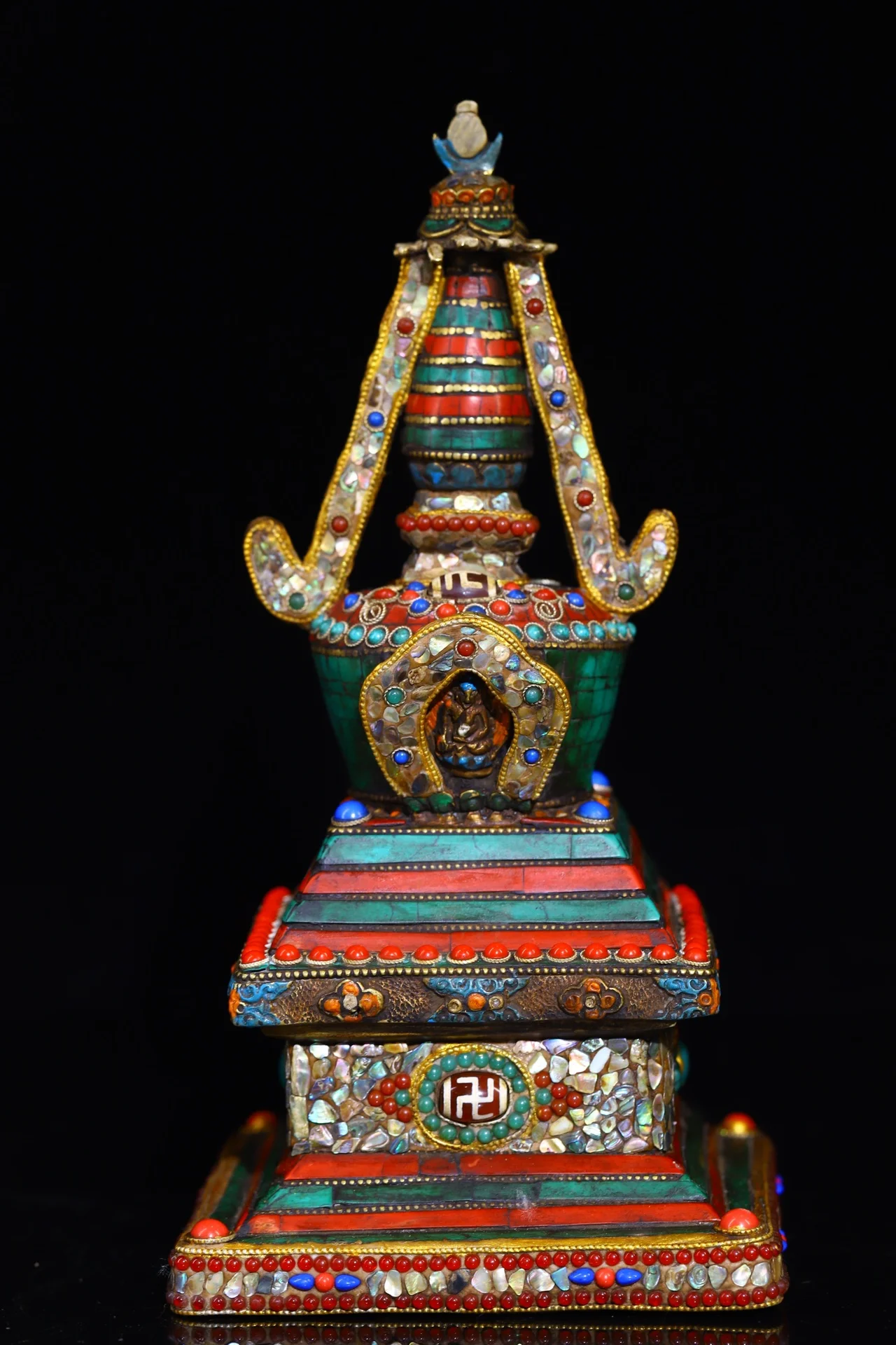 

10"Tibet Temple Collection Old Bronze Mosaic Gem Turquoise gZi Beads Shell Pagoda Stupa Buddhist shrine Worship Hall Town house