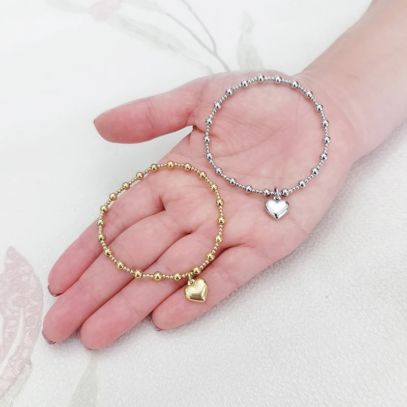 Stainless Steel Jewelry Girl Party Durable Solid Round Beads Smooth Heart-Shaped Elasticity Bracelet