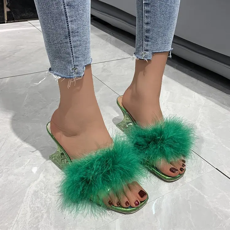 

2022Summer NewStyle Women's Slippers Fashion Sexy TransparentPVC Feather Crystal Heel High Heel Plus Size Slippers Banquet Shoes