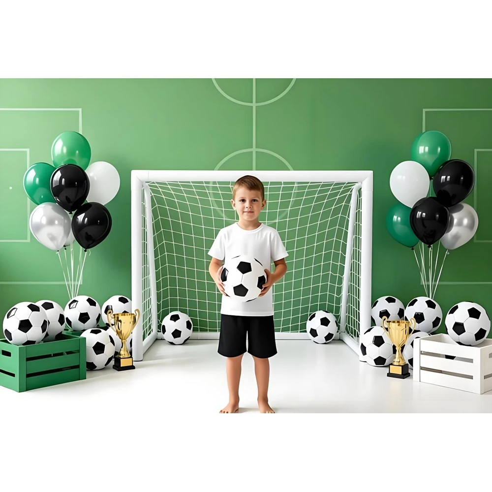 축구 테마 배경 녹색 풍선 축구 트로피 축구 골대 베이비 샤워 어린이 생일 파티 장식 사진 배경