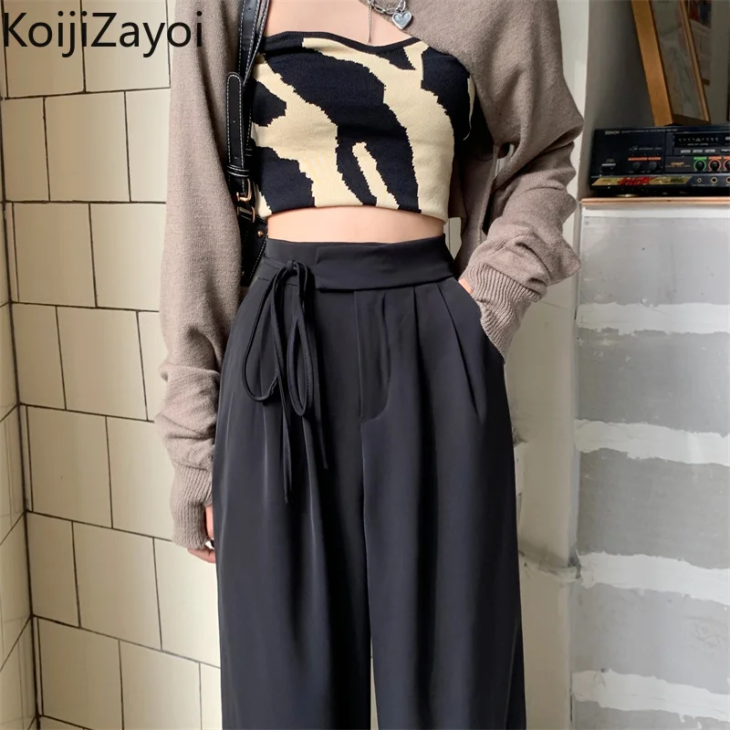 

Koijizayoi Casual Loose Women Solid Wide Leg Pant Summer Office Lady Lace Up High Waist Trousers 2022 Chic Korean Straight Pants