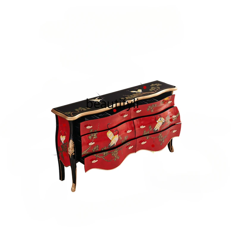 

Retro Chinese Style Hand-Painted Solid Wood French Style Living Room Entrance Hallway Decorative Door Hall Side Cabinet