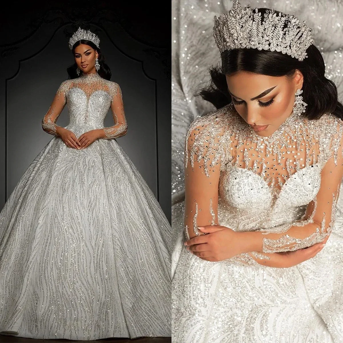 

Блестящие свадебные платья, Роскошные свадебные платья с кристаллами, блестками, а-силуэт, платье невесты с высоким воротником, длинными рукавами, шлейфом, женское платье на заказ