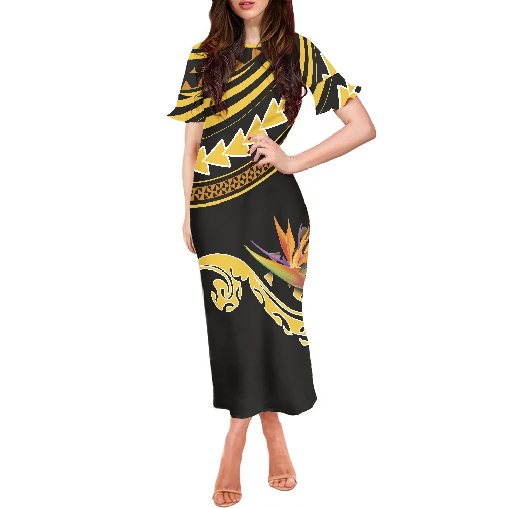 

New Long Dress Women Floral Printed Maxi Dress Hawaii Polynesian Tribal Printing O-neck Short Sleeve Clothing