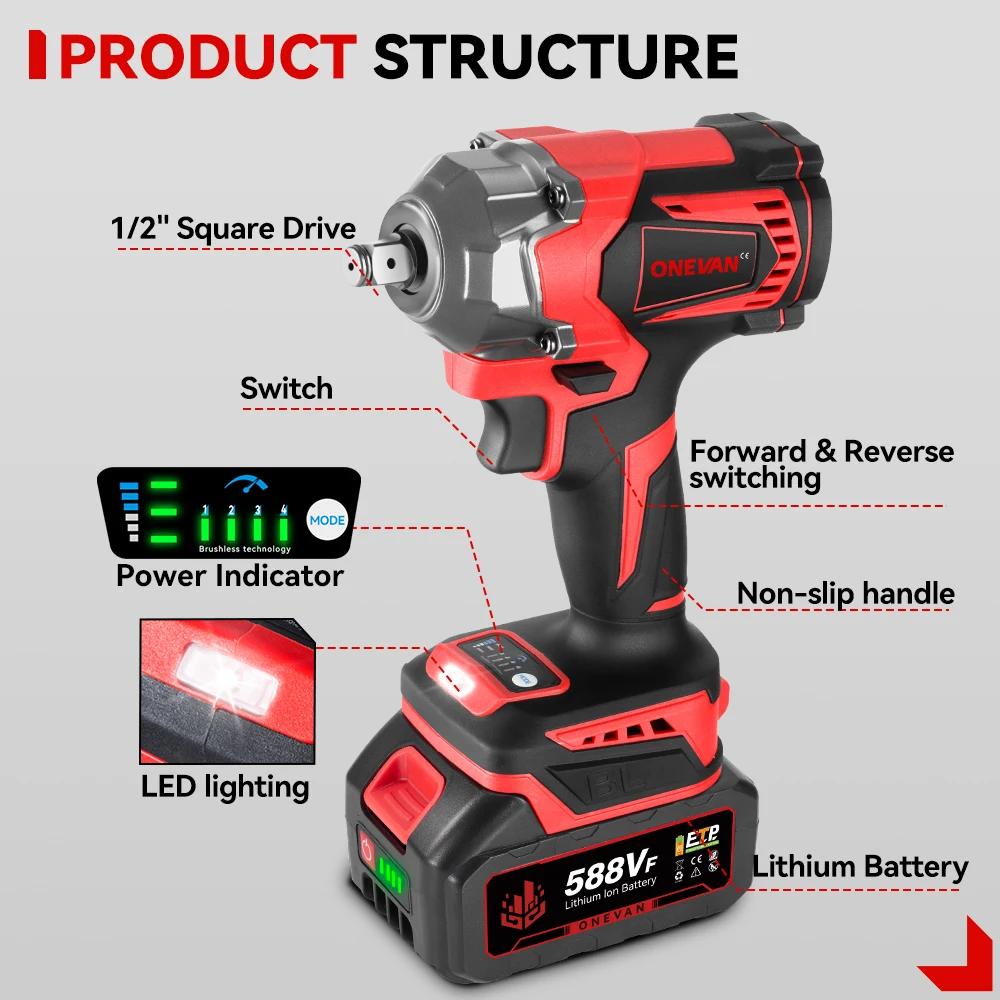 Impact Wrench 1200N.M Torque Brushless Electric Impact Wrench 1/2Inch Cordless Wrench Screwdriver Power Tool For Makita 18V Battery Pin