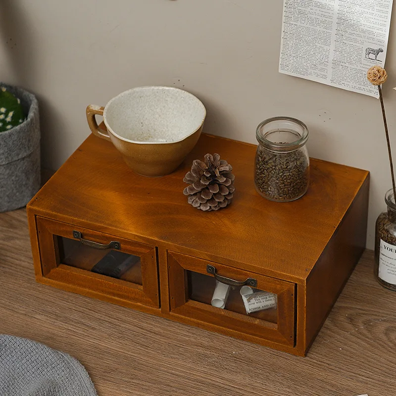Chinese solid wood drawer type retro debris storage rack desktop storage box Cosmetics office desk storage rack 4