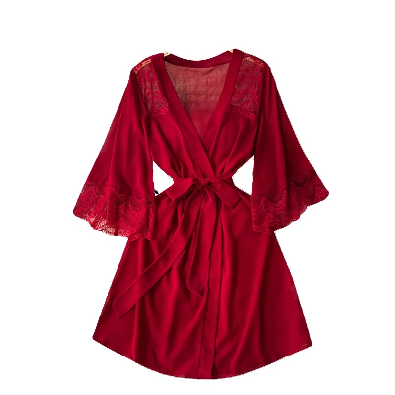 CHILLGIO Sexy Lace Patchwork Women Nightgowns V Neck Sash Nightie Nightwear Club Casual Fashion Loose Transparent Pajamas Dress