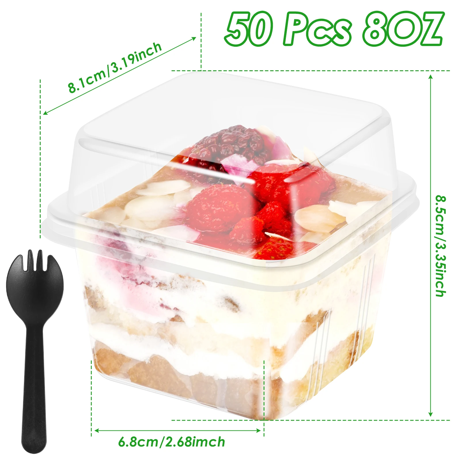 50 Stück Kunststoff-Dessertbecher mit Deckel, 8 Unzen, wiederverwendbarer Cupcake-Behälter, transparent, quadratisch, einzelne Dessert-Box, versiegelte Kuchen-Aufbewahrungsbox – Detail 5