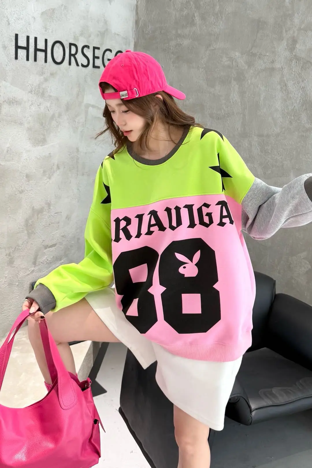2026 Autumn Multicolour Patchwork Oversized Pullover Sweatershirts Woman Casual Loose Pentagram O Neck Long Sleeve Outwears