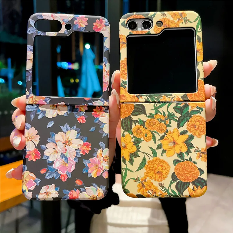Hard Shell Flower Phone Case For Samsung Galaxy Z Flip 5 4 3 5G PC Protective Cover Flip5 Flip4