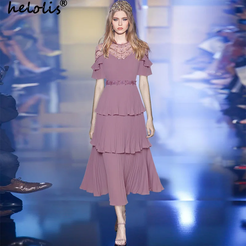 

Helolis Runway Fashion Ruffles Sequins Embroidery Cake Dress Women Pleated O Neck Short Sleeve Party Midi Dresses Vestidos Robes