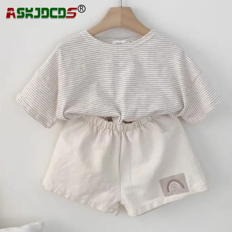 

Summer Set 2pcs 유아복 Newborn Infant Boys Short Sleeve Stripe Top T-shirts+rainbow Shorts Kid Baby Cotton Fashion Clothing Toddler