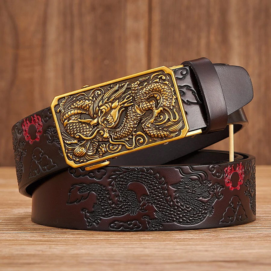 Male Genuine Leather Belts Casual Ratchet Belt with Automatic Buckle Luxury Design Dragon Pattern Belts for Business Men Strap