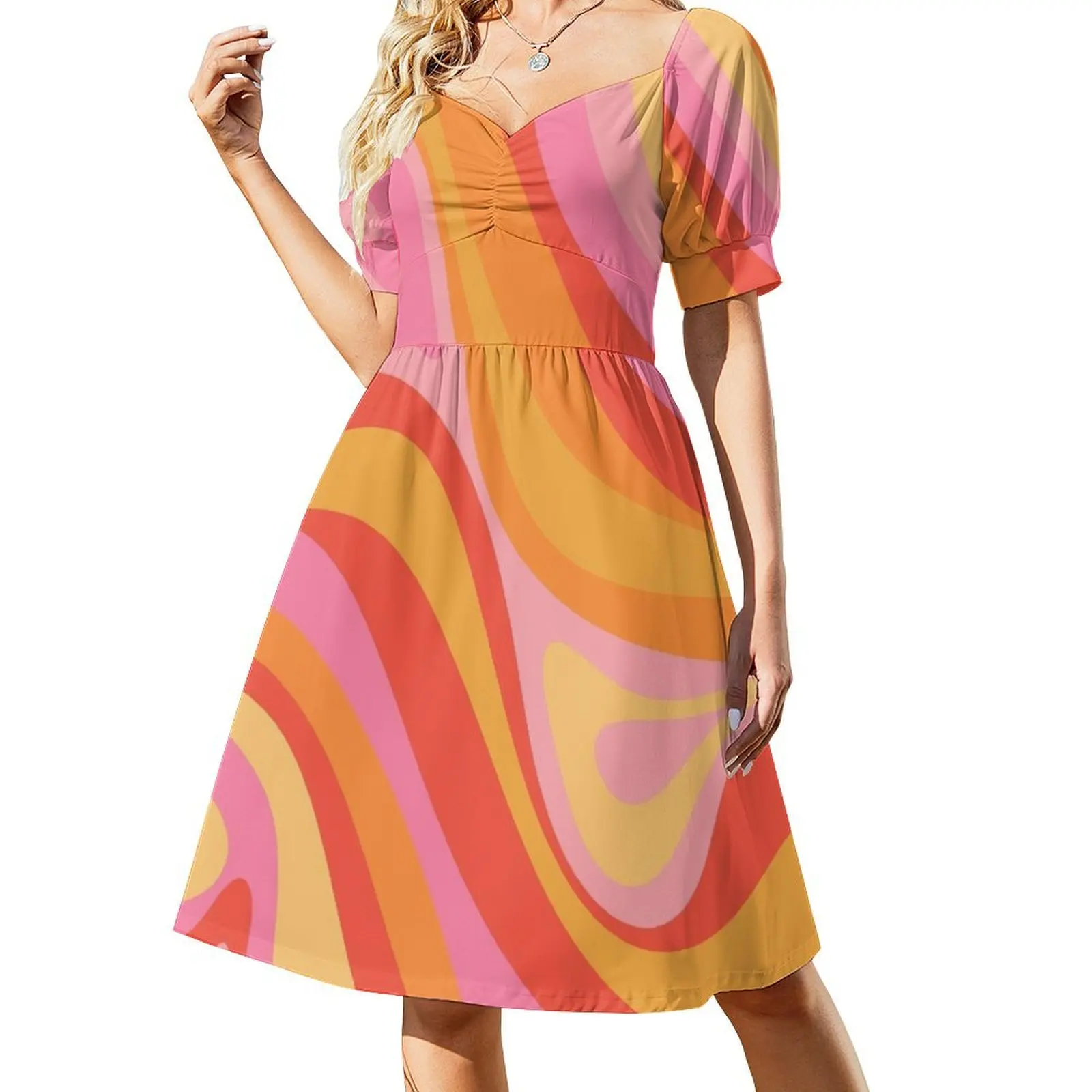 thumbnail image 1 of Vestido de novia de manga corta con estampado abstracto de remolino retro New Groove en rosa, naranja y amarillo, para mujer, ropa de verano, 1 of 8