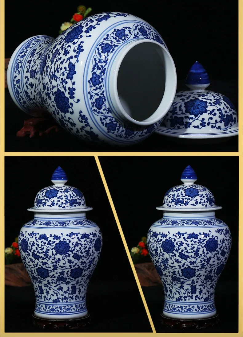 Chinese Blue and White Porcelain Floral Temple Jar Vase Dragon landscape Ceramic Ginger Jar with lid Oriental vases decoration 4