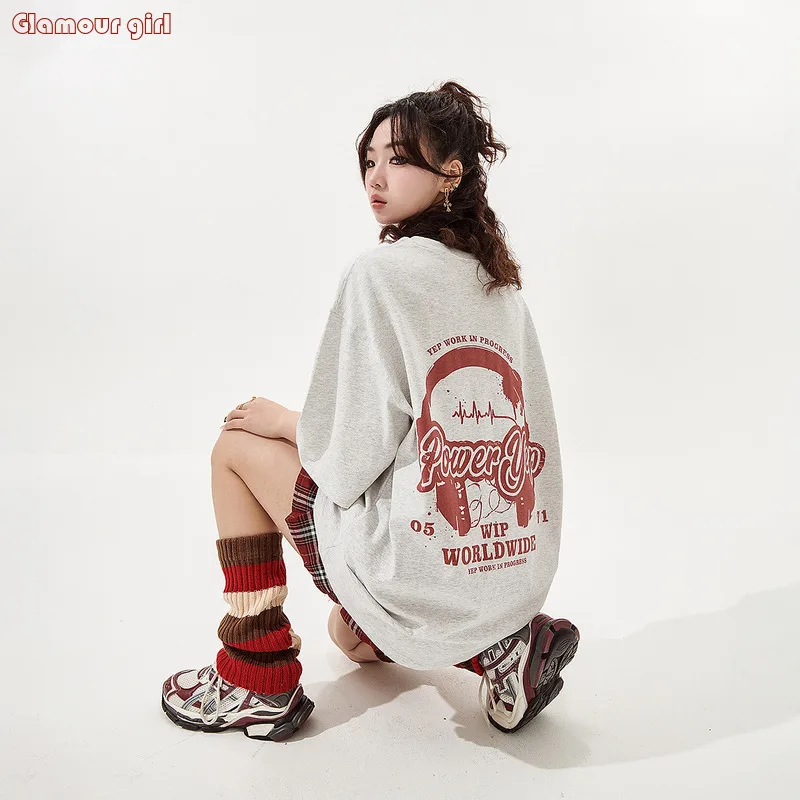 

Trendy printed short sleeved t-shirt for graphic tees women spring and summer 2024, new retro couple street loose oversize top