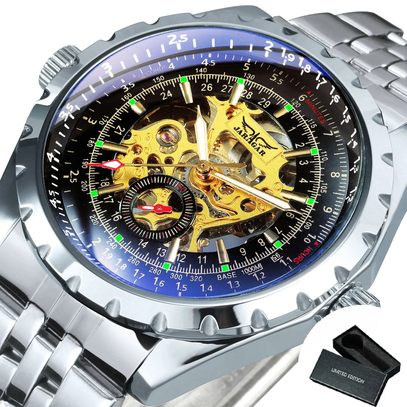 Luxury JARAGAR Men's Skeleton Mechanical Watch with Luminous Hands and Leather-Steel Strap