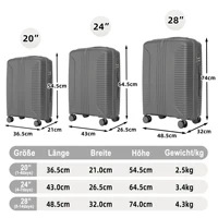 Ensemble de bagages légers en PP 3 pièces (valises rigides à roulettes 20"/24"/28"), avec serrure à combinaison intégrée, poignées latérales, crochets de suspension et pieds de protection 3