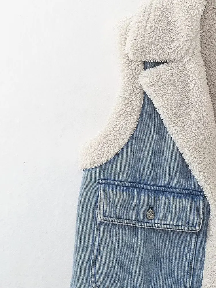 Withered European And American Denim Vest Fashion Women's With Plush Pockets Casual Jacket Girls Tops