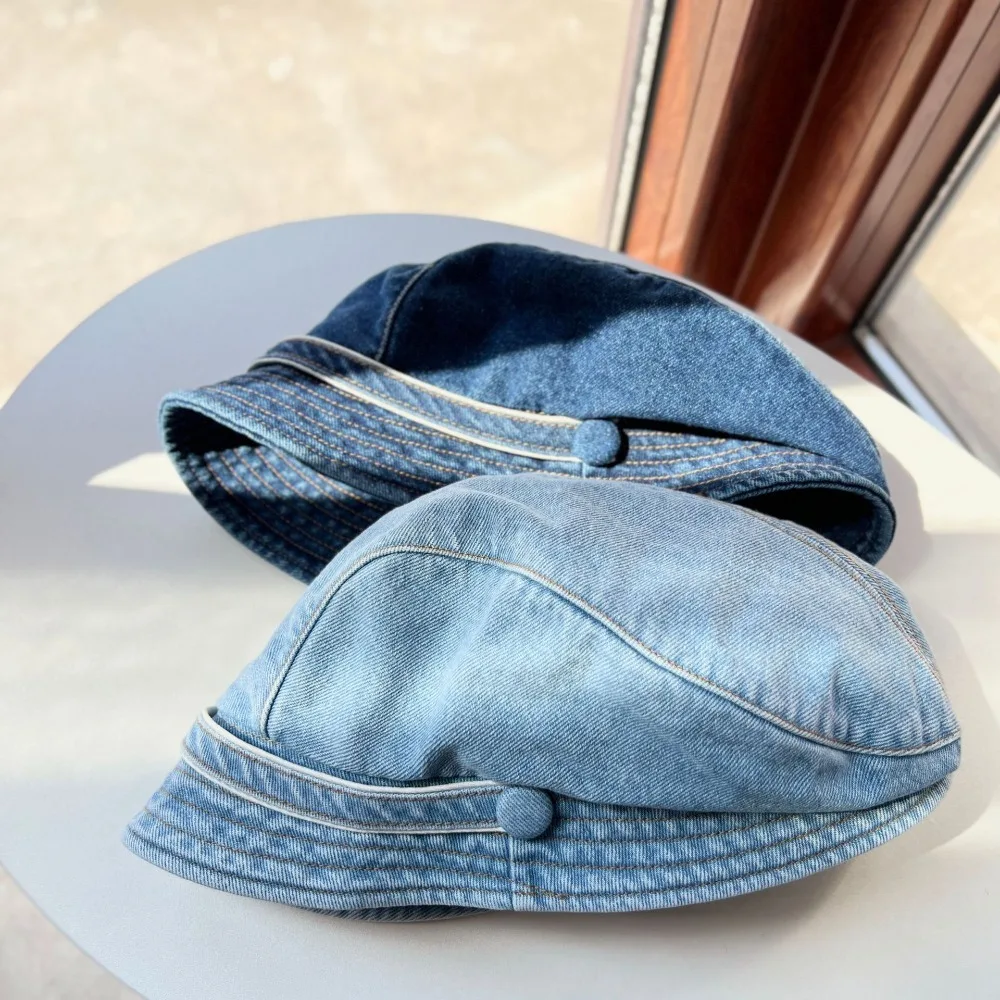 Ins Popular Retro Denim Short Brim Bucket Hats for Women and Men Spring Summer Travel Versatile Sunscreen Personality Stack Cap