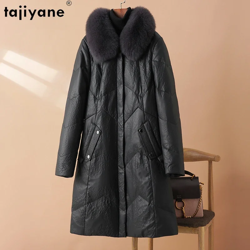 

Tajiyane Genuine Sheepskin Leather Down Jackets for Women 2023 Autumn Winter White Goose Down Coats Puffer Jacket Fox Fur Collar