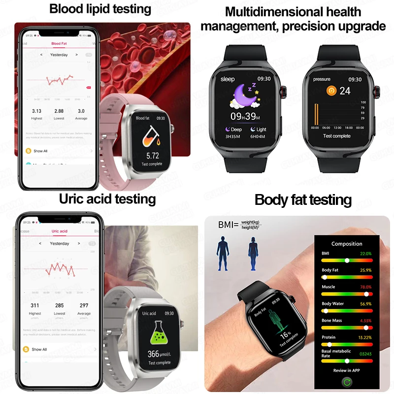 2026 AI Laser Diagnosis Health Smart Watches Men ECG+PPG Blood lipids Uric acid Heart Rate Blood pressure Sports Call Smartwatch