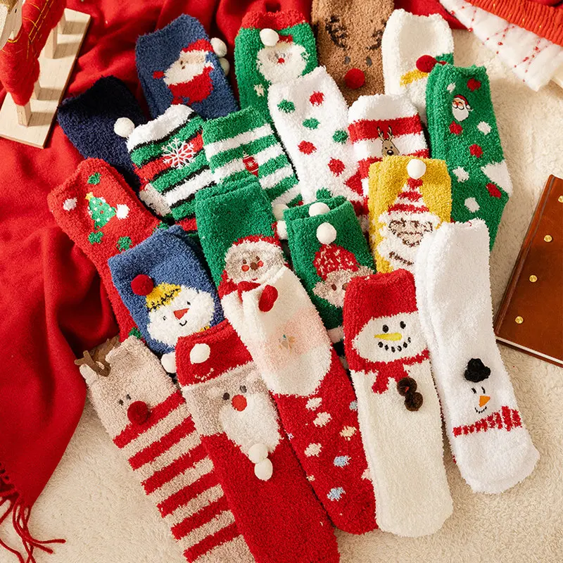 

1 Pair Coral Fleece Winter Autumn Woman Girls Thicken Warm Socks Christmas Tree Snowflake Elk Santa Claus Christmas Floor Sock