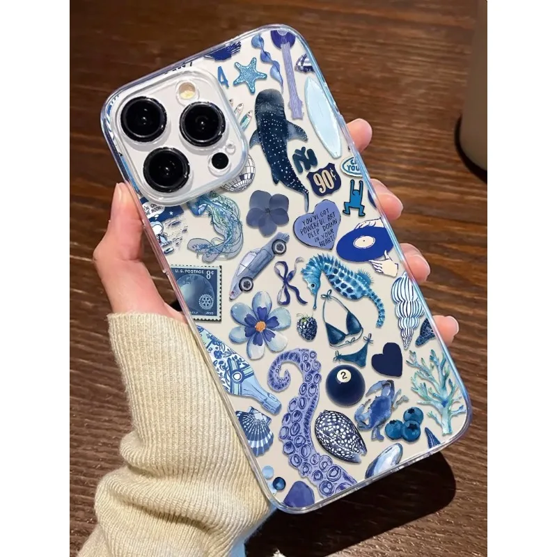 Blue Summer Ocean Pattern Soft Transparent Phone Case