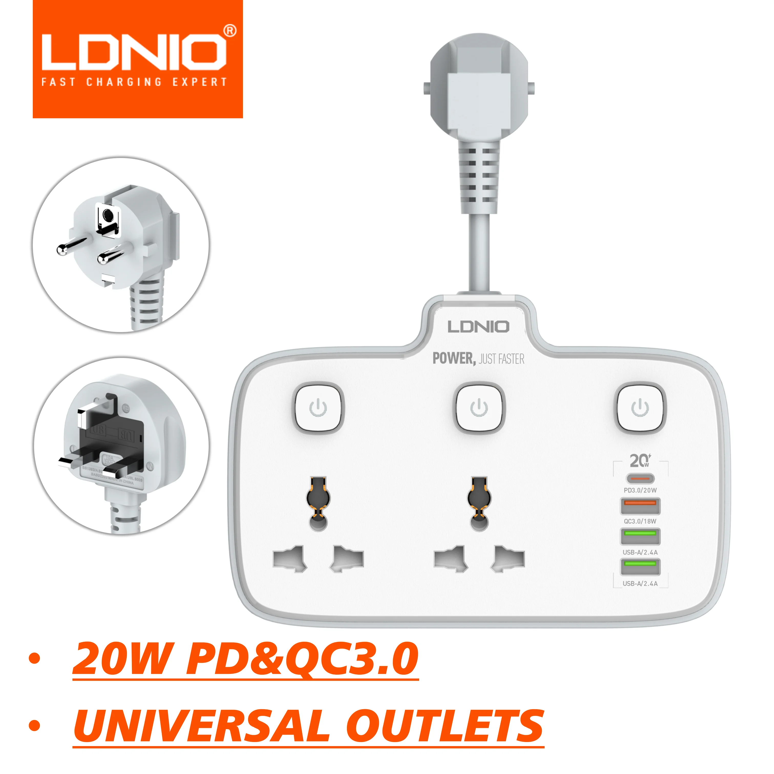 LDNIO SC2413 Fast Charging Power Strip With PD & QC Port Protector Power Strip Type C Universal Outlet Extension EU UK Plug