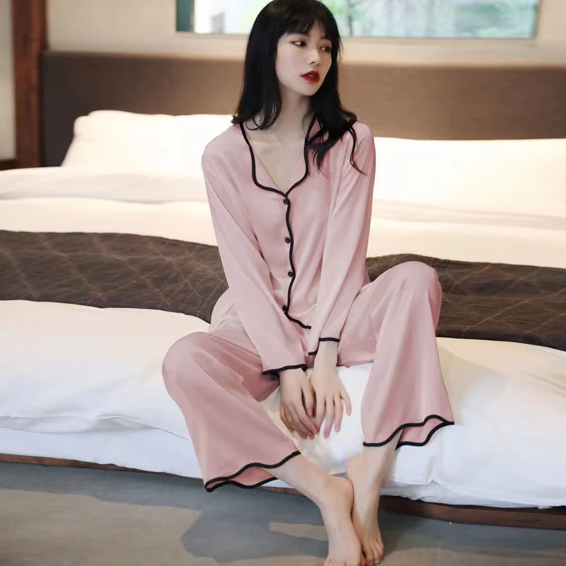 Spring and Autumn Small Lapel Pajamas Women's Ice Silk Thin Double Length Korean Style Casual Simple Homewear 2 Piece Set