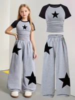 2-Piece Girls' Set, Five-Pointed Star Pattern, Gray Wide-Leg Sweatpants, Suitable for Spring, Autumn, and Summer 1
