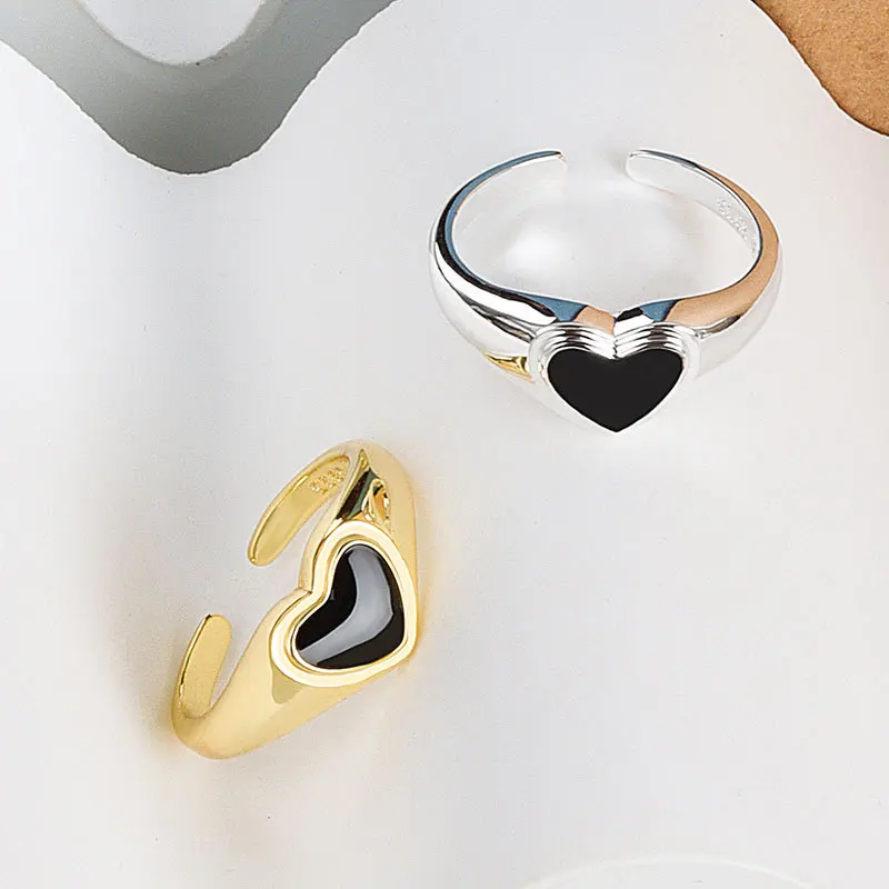 

925 Sterling Silver Ring for Women Girls Gold-plating Black Heart Love Anillos Fashion Party Adjustable Jewelry Gift