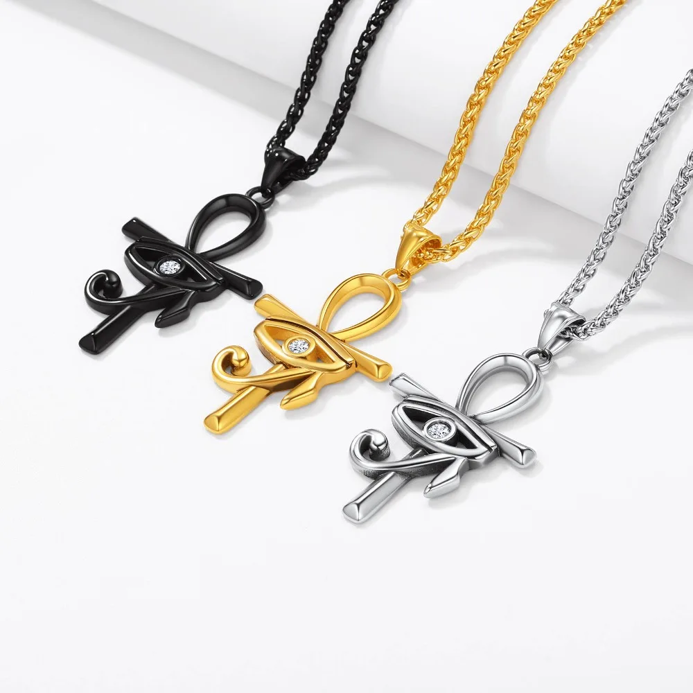 U7 Stainless Steel Ankh Cross Necklace for Men Women Eye of Horus 3mm Link Chain Ancient Egyptian Life Symbol Religious Jewelry - Image 6