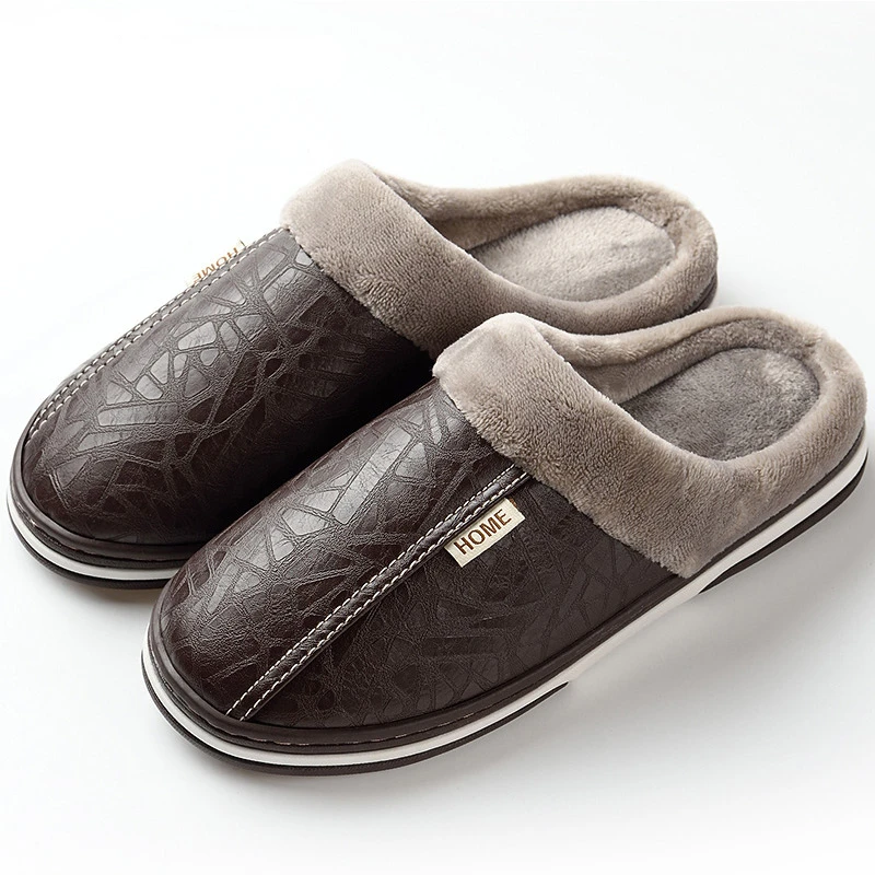 Men's slippers Home Winter Indoor Warm Shoes Thick Bottom Plush  Waterproof Leather House slippers man Cotton shoes 2021 New