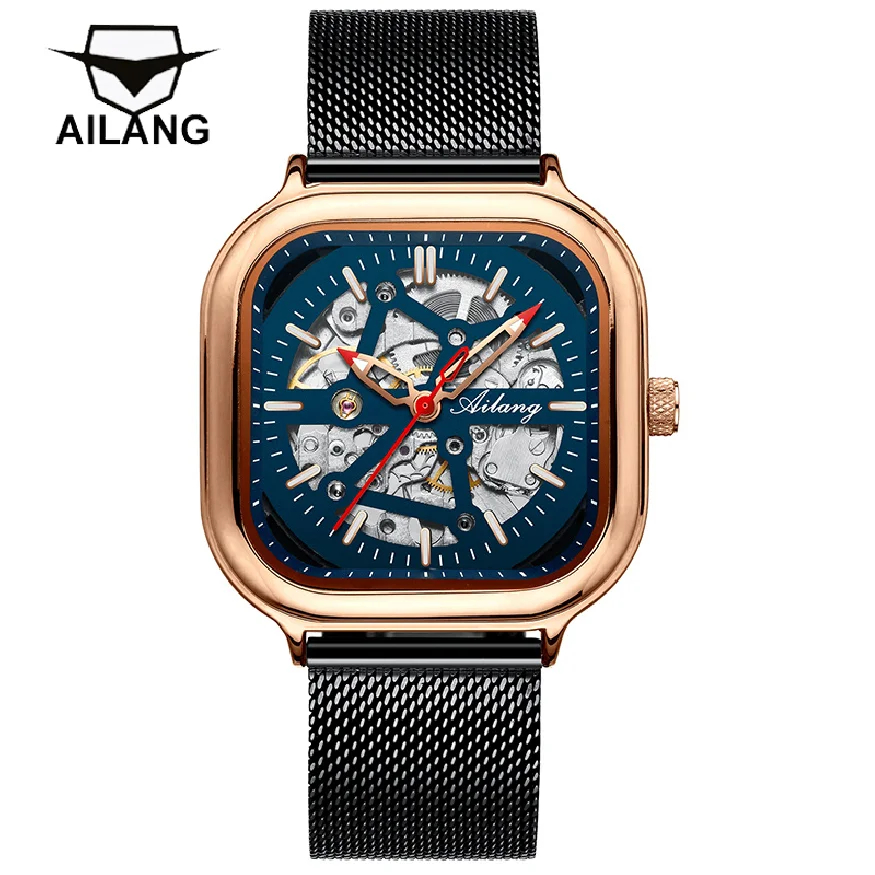 

AILANG 2023 New Fashion Luxury Mens Square Watches Waterproof Rose Gold Case Luminous Automatic Mechanical Men Watch 203